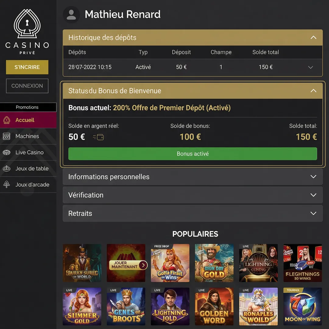 casino privé bonus 200% premier dépôt crédit instantané